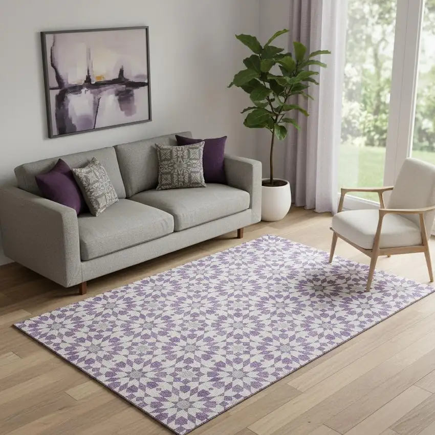 Lavender And Ivory Geometric Washable Area Rug With UV Protection Photo 3