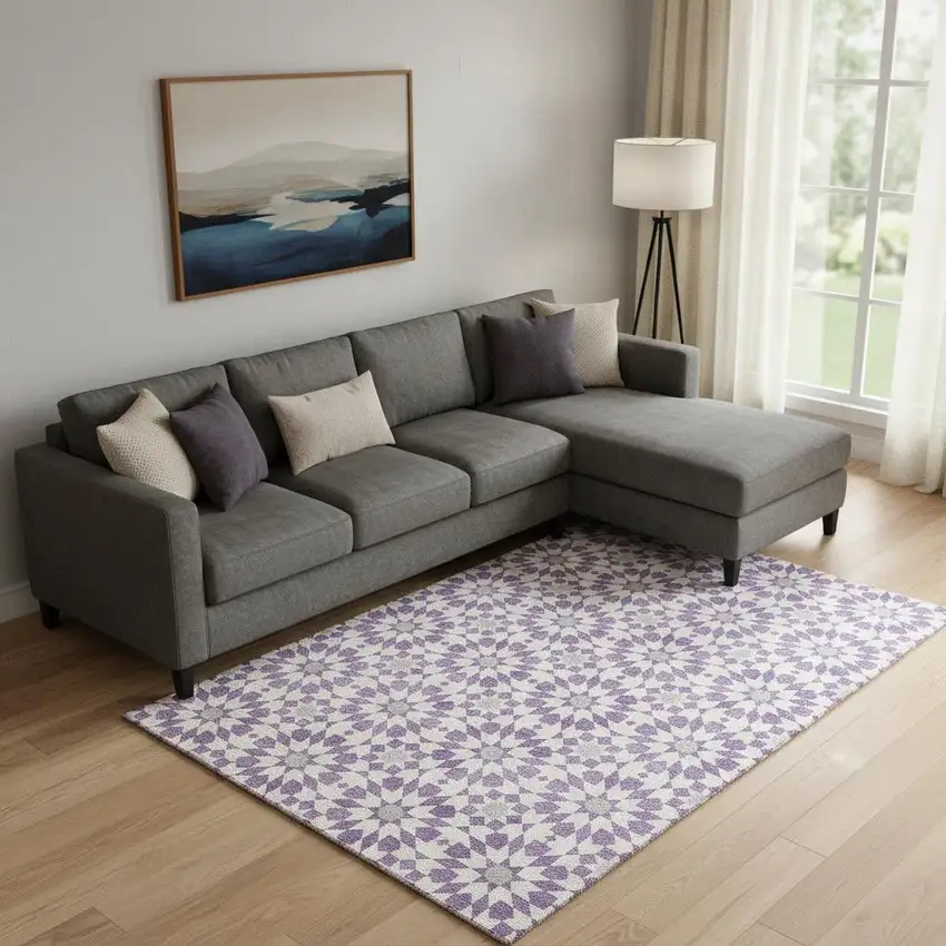 Lavender And Ivory Geometric Washable Area Rug With UV Protection Photo 1