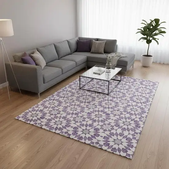 Lavender And Ivory Geometric Washable Area Rug With UV Protection Photo 2