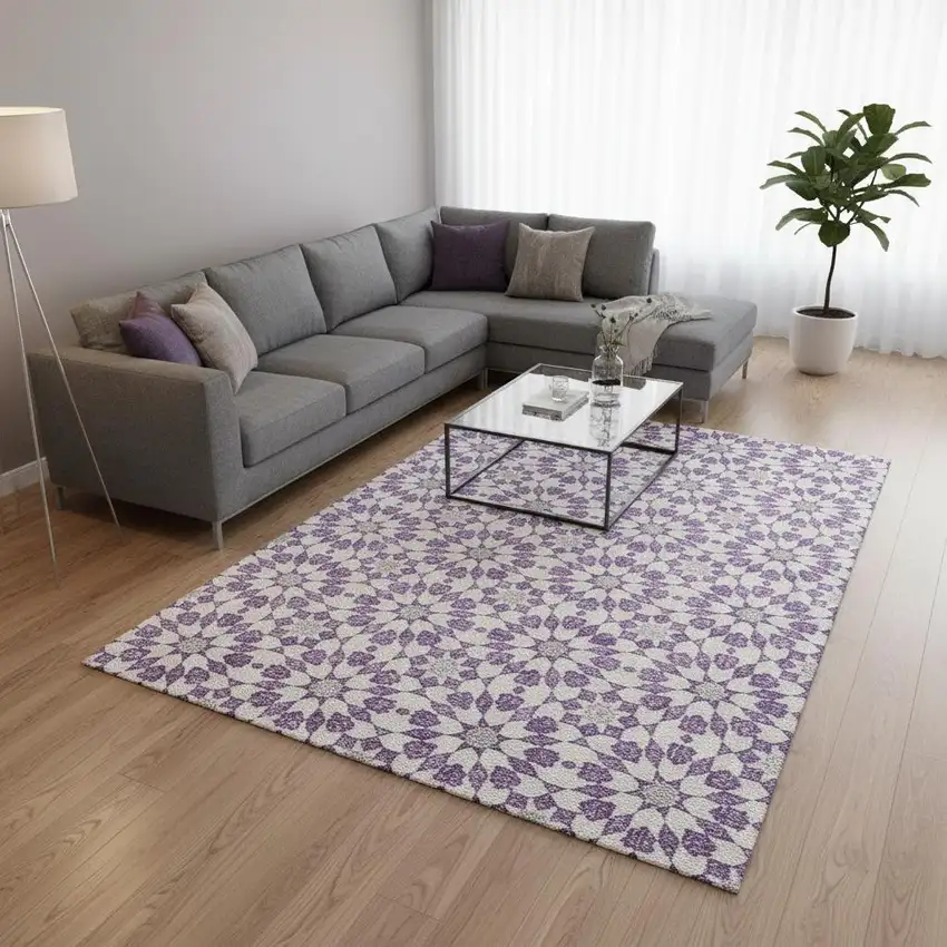 Lavender And Ivory Geometric Washable Area Rug With UV Protection Photo 2