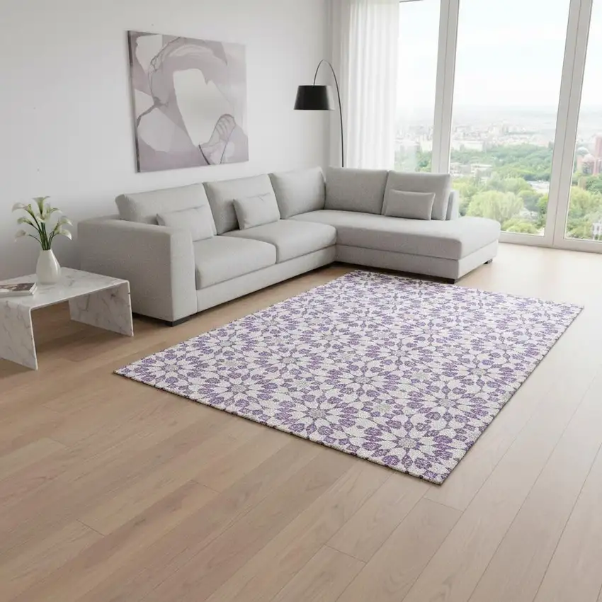 Lavender And Ivory Geometric Washable Area Rug With UV Protection Photo 2
