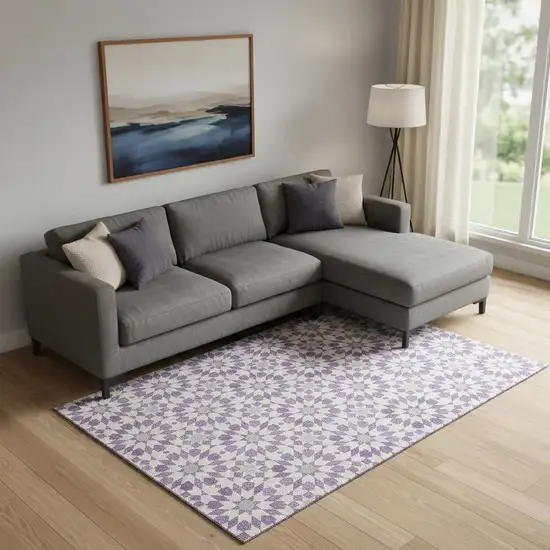 Lavender And Ivory Geometric Washable Area Rug With UV Protection Photo 1