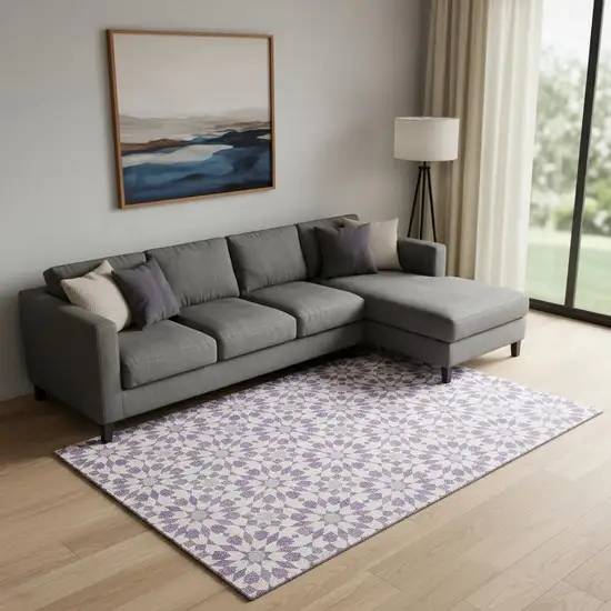 Lavender And Ivory Geometric Washable Area Rug With UV Protection Photo 3