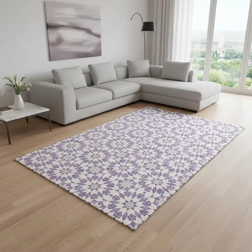 Lavender And Ivory Geometric Washable Area Rug With UV Protection Photo 2