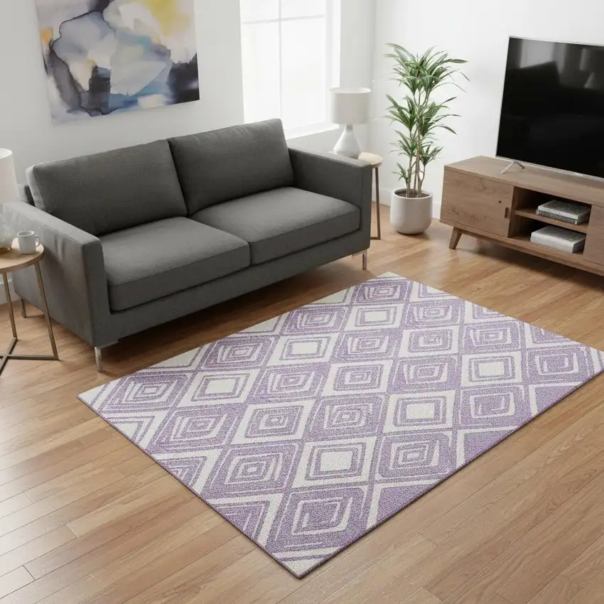 Lavender And Ivory Geometric Washable Area Rug With UV Protection Photo 1