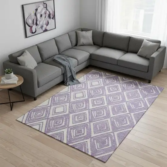 Lavender And Ivory Geometric Washable Area Rug With UV Protection Photo 1