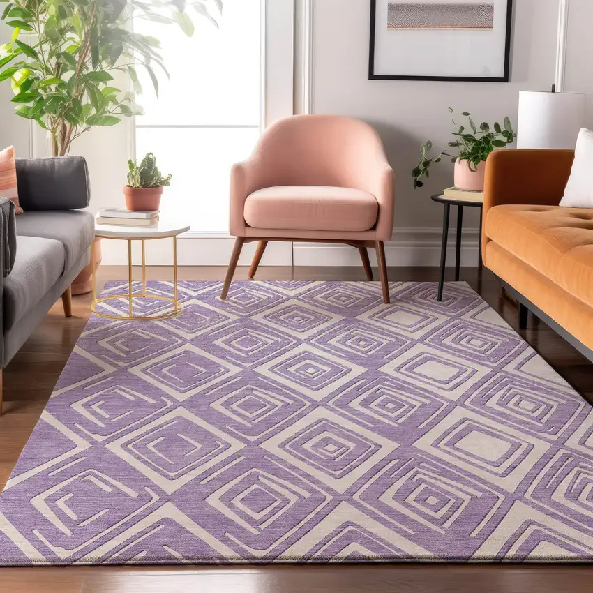 Lavender And Ivory Geometric Washable Area Rug With UV Protection Photo 6