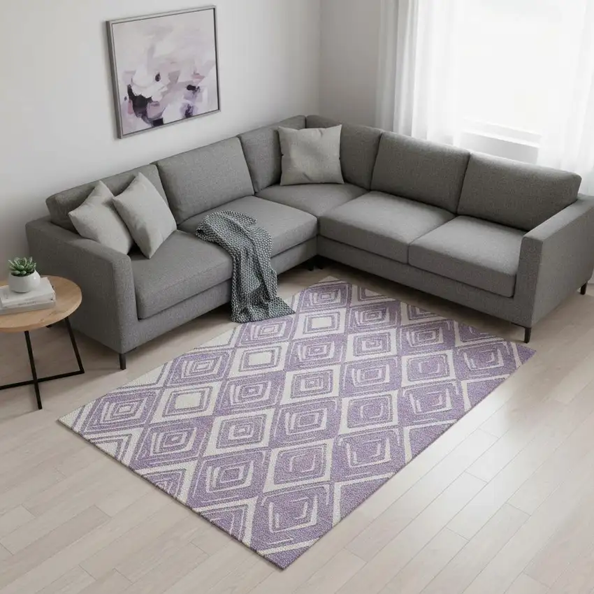 Lavender And Ivory Geometric Washable Area Rug With UV Protection Photo 1