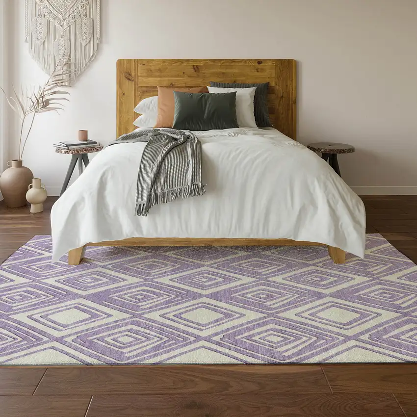 Lavender And Ivory Geometric Washable Area Rug With UV Protection Photo 7