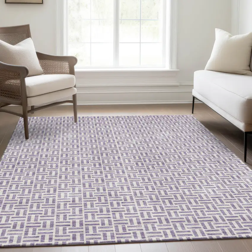 Lavender And Ivory Geometric Washable Area Rug With UV Protection Photo 6