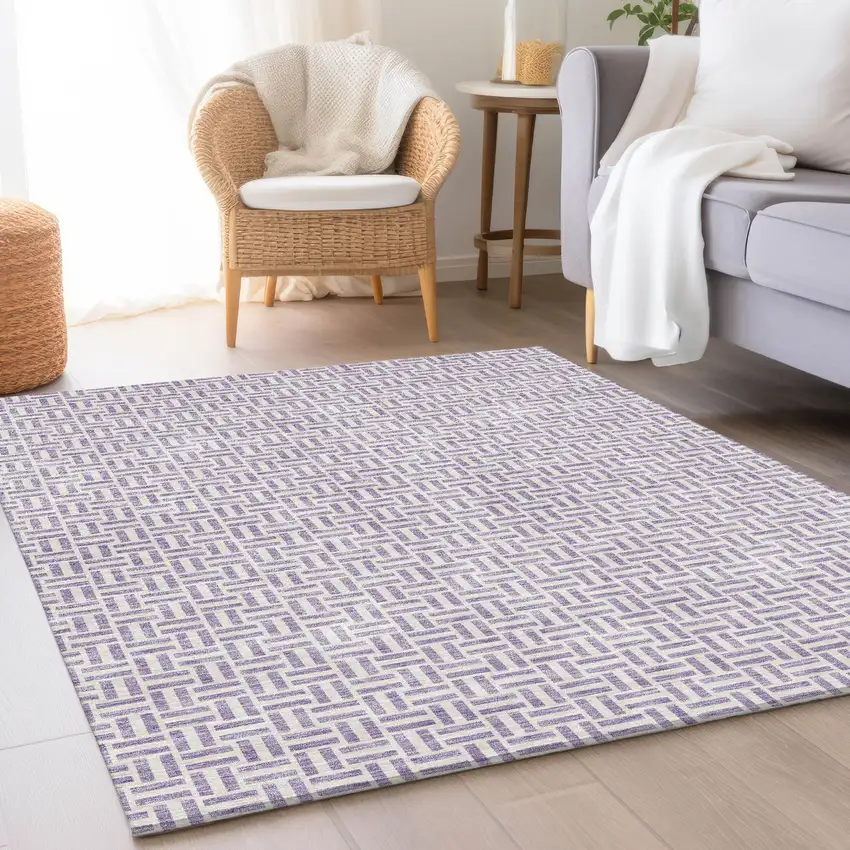 Lavender And Ivory Geometric Washable Area Rug With UV Protection Photo 5