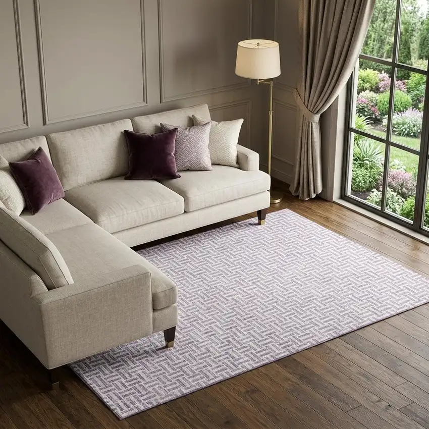Lavender And Ivory Geometric Washable Area Rug With UV Protection Photo 1