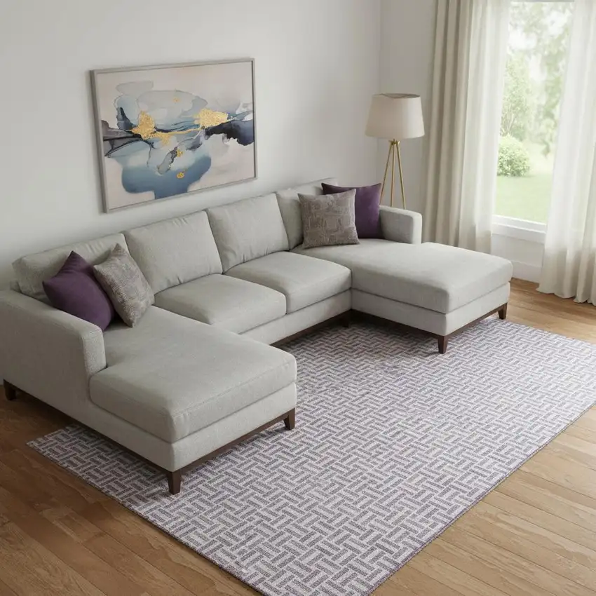 Lavender And Ivory Geometric Washable Area Rug With UV Protection Photo 1