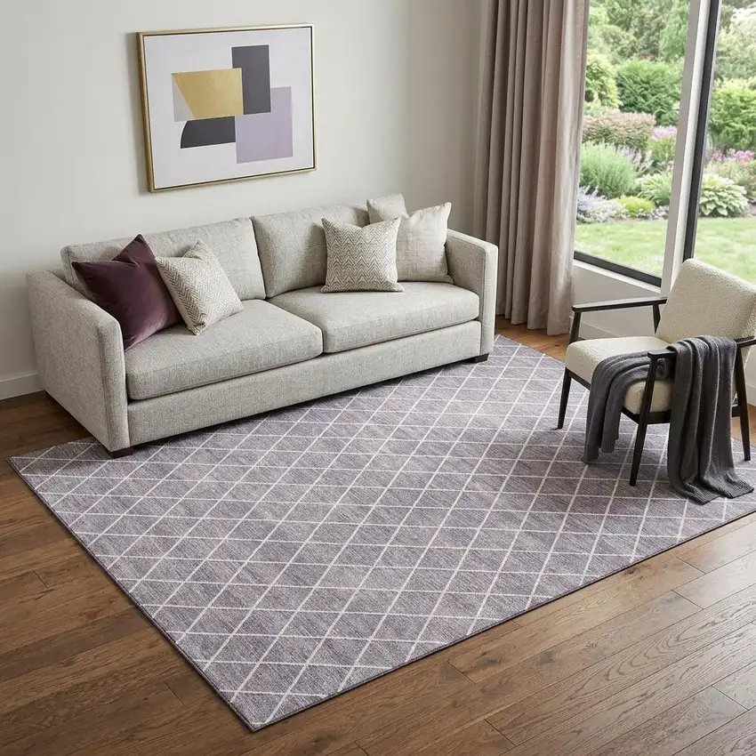Lavender And Ivory Geometric Washable Area Rug With UV Protection Photo 1