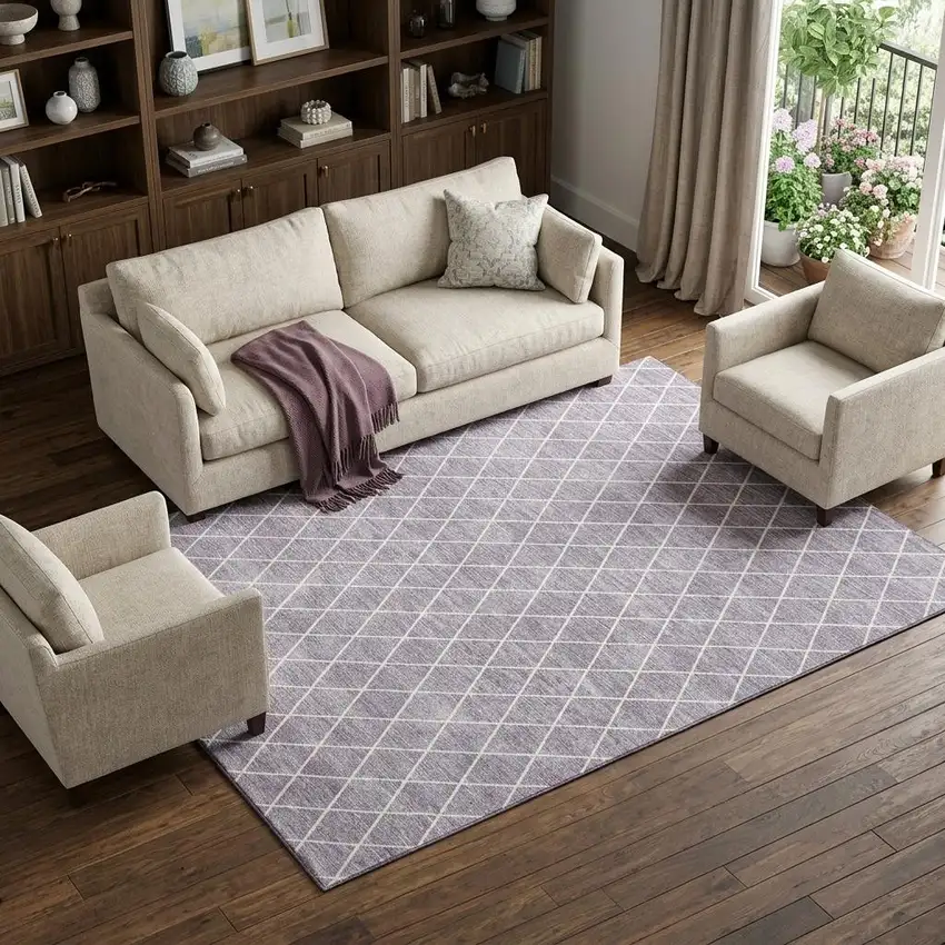 Lavender And Ivory Geometric Washable Area Rug With UV Protection Photo 1