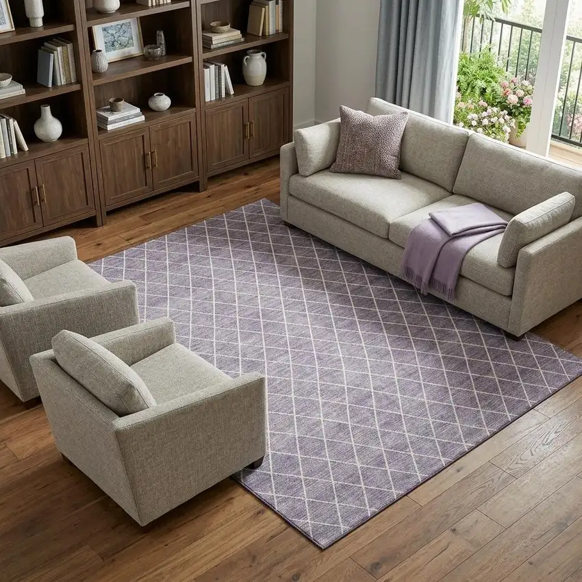 Lavender And Ivory Geometric Washable Area Rug With UV Protection Photo 1