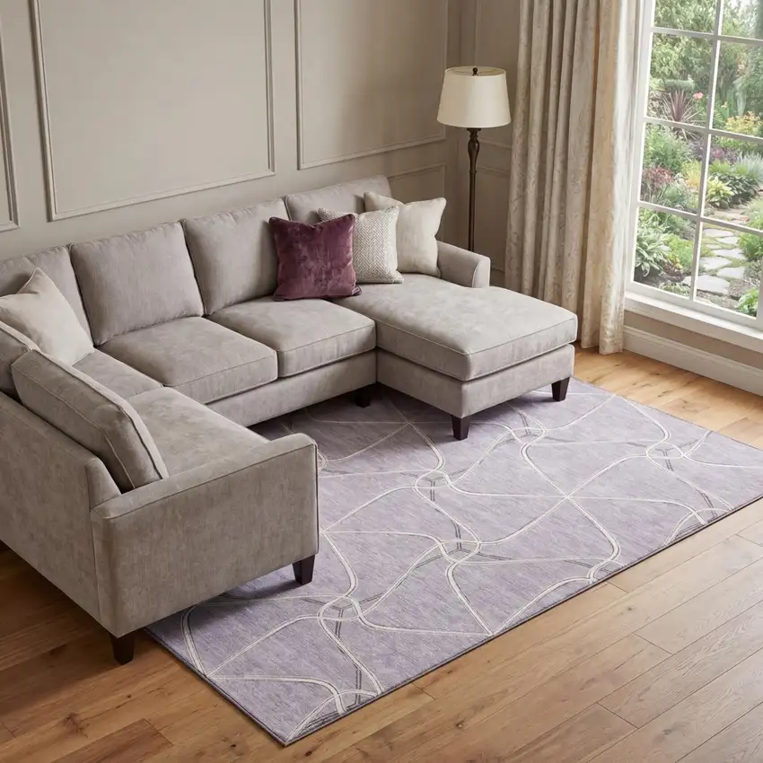Lavender And Ivory Geometric Washable Area Rug With UV Protection Photo 1