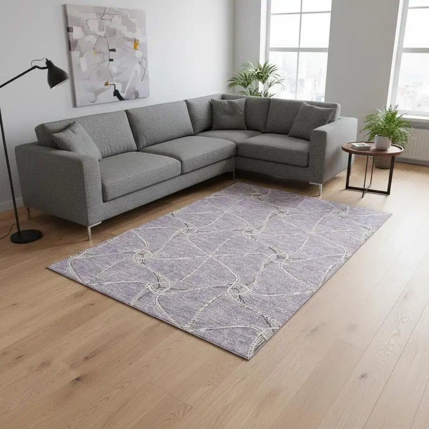 Lavender And Ivory Geometric Washable Area Rug With UV Protection Photo 2