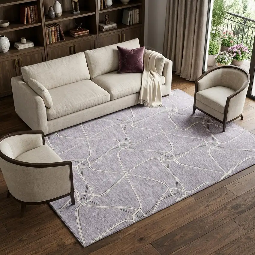 Lavender And Ivory Geometric Washable Area Rug With UV Protection Photo 1