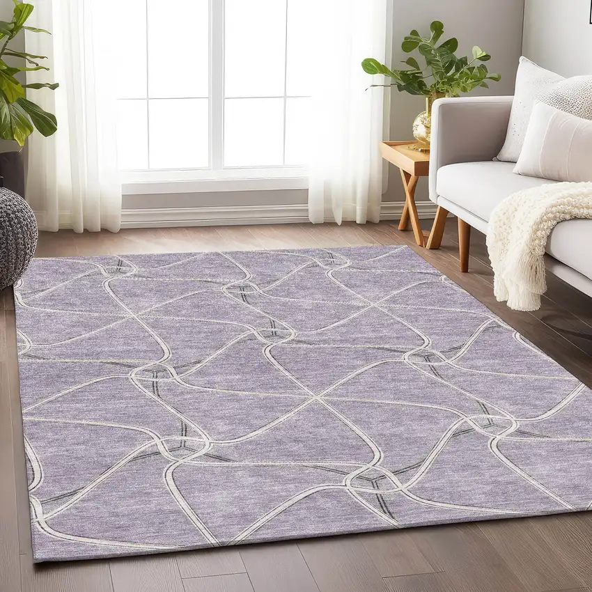 Lavender And Ivory Geometric Washable Area Rug With UV Protection Photo 3