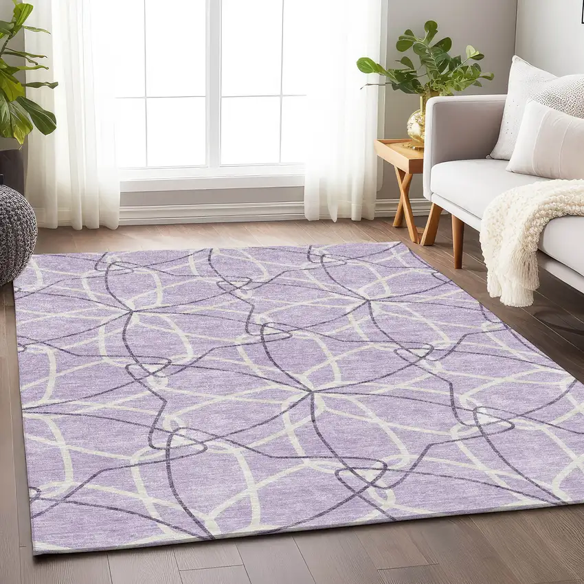 Lavender And Ivory Geometric Washable Area Rug With UV Protection Photo 3