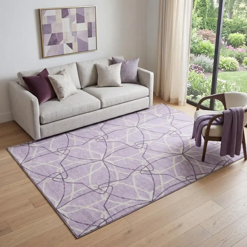 Lavender And Ivory Geometric Washable Area Rug With UV Protection Photo 1