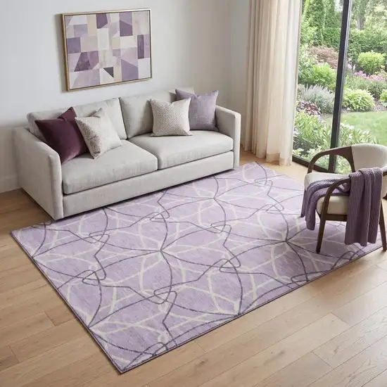 Lavender And Ivory Geometric Washable Area Rug With UV Protection Photo 1