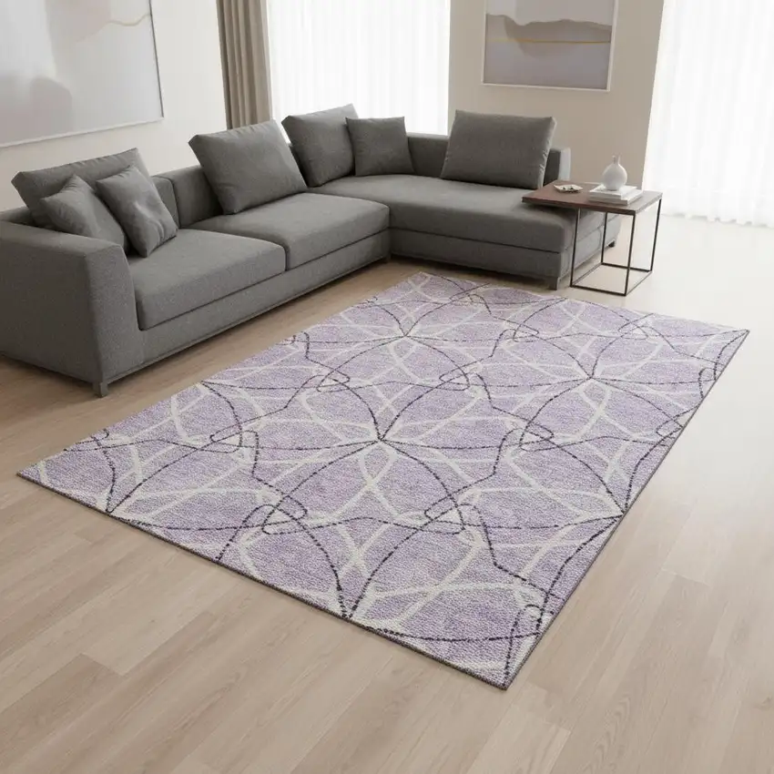 Lavender And Ivory Geometric Washable Area Rug With UV Protection Photo 2