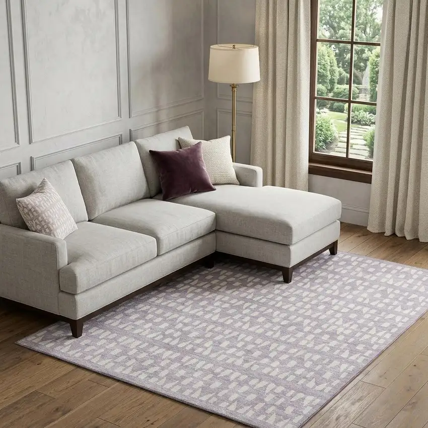Lavender And Ivory Geometric Washable Area Rug With UV Protection Photo 1