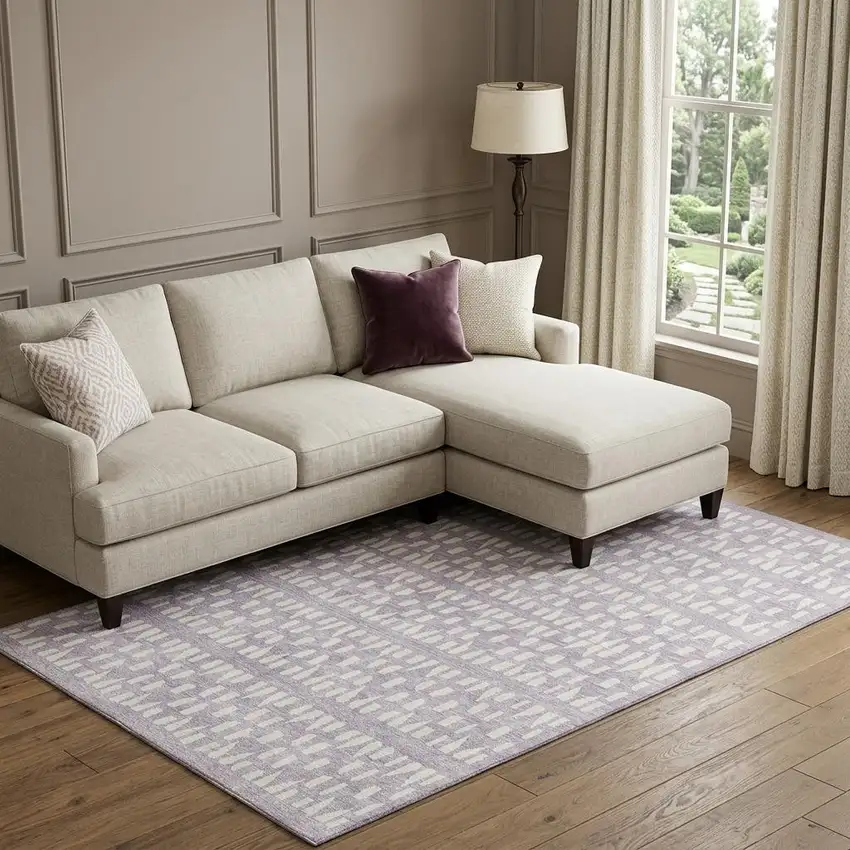 Lavender And Ivory Geometric Washable Area Rug With UV Protection Photo 1