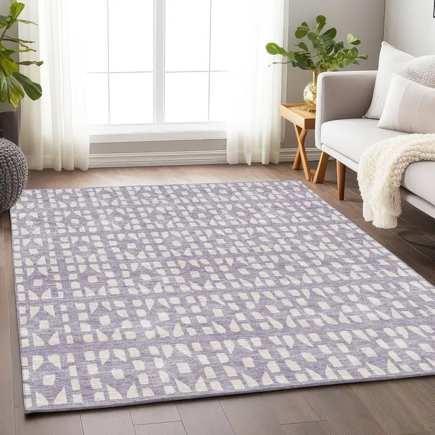 Lavender And Ivory Geometric Washable Area Rug With UV Protection Photo 4