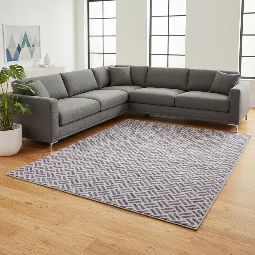 Lavender And Ivory Geometric Washable Area Rug With UV Protection Photo 2