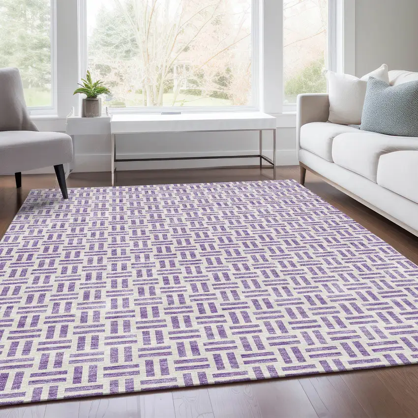 Lavender And Ivory Geometric Washable Area Rug With UV Protection Photo 4