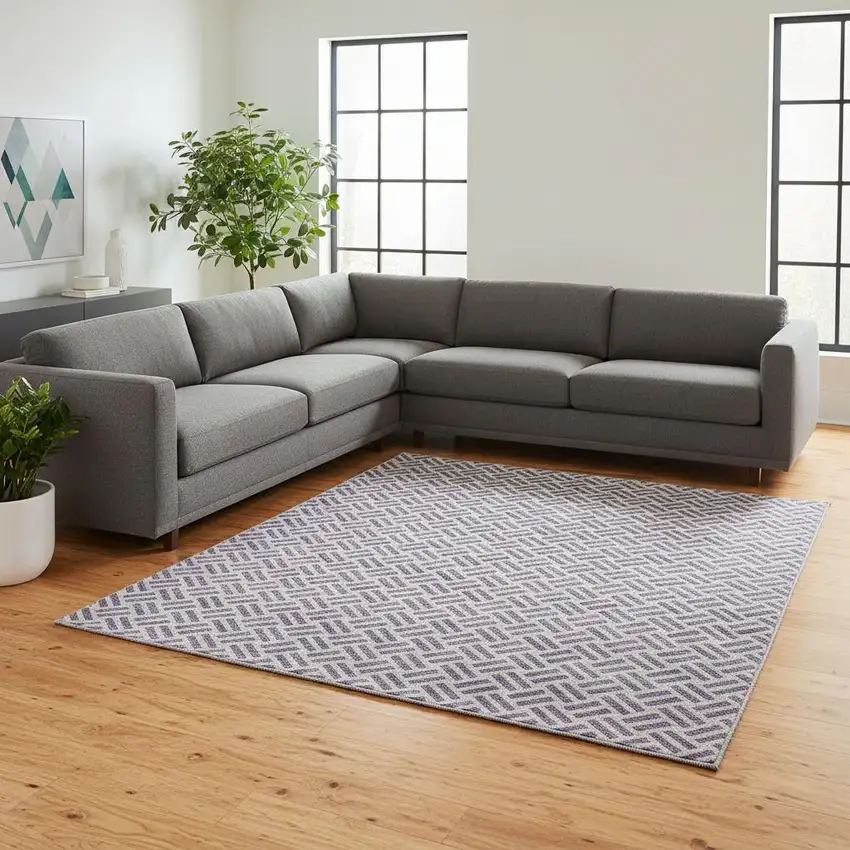 Lavender And Ivory Geometric Washable Area Rug With UV Protection Photo 2