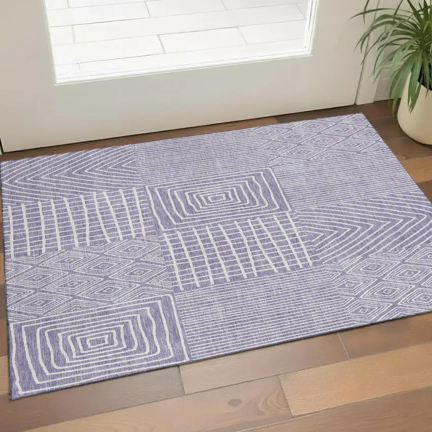 Lavender And Ivory Geometric Washable Area Rug With UV Protection Photo 1
