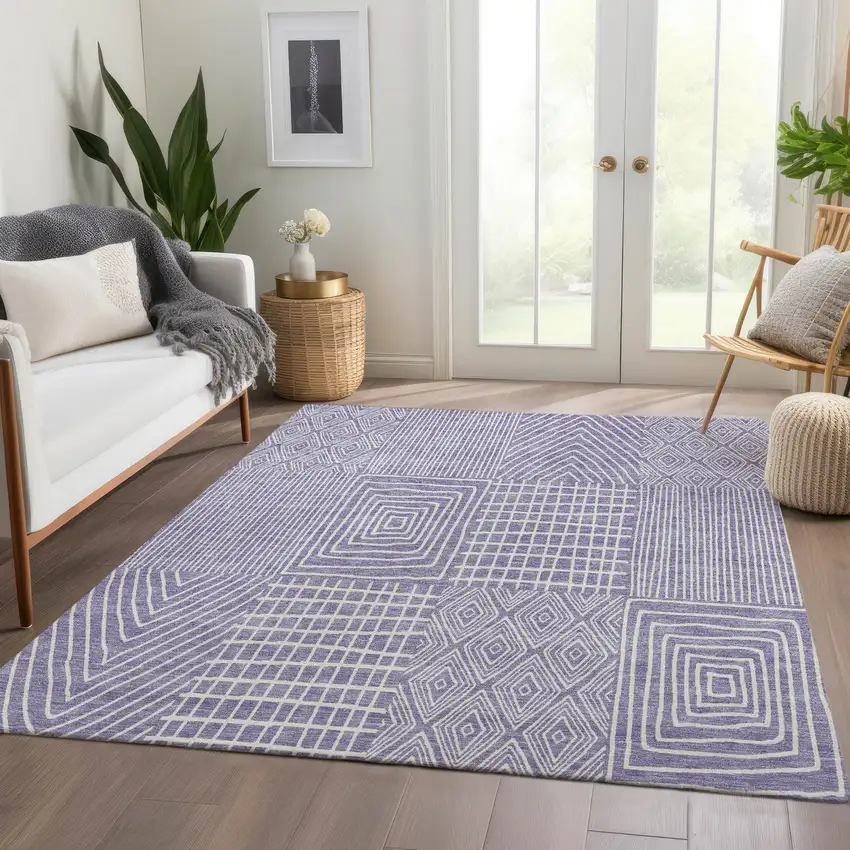 Lavender And Ivory Geometric Washable Area Rug With UV Protection Photo 5