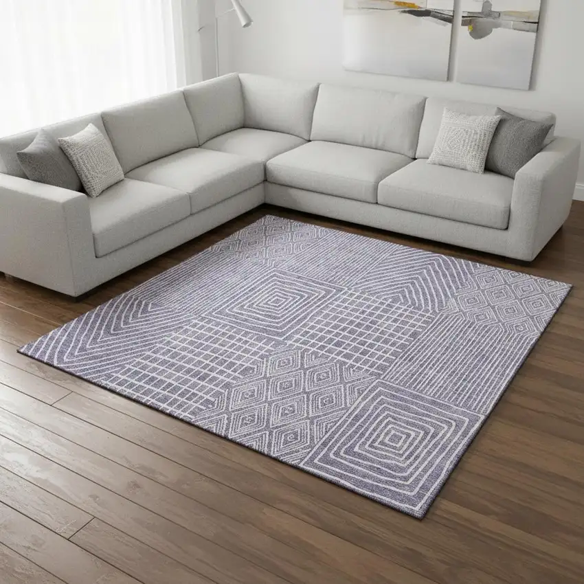 Lavender And Ivory Geometric Washable Area Rug With UV Protection Photo 2