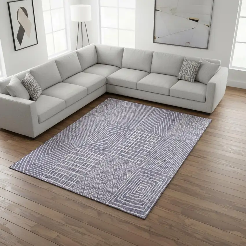 Lavender And Ivory Geometric Washable Area Rug With UV Protection Photo 2