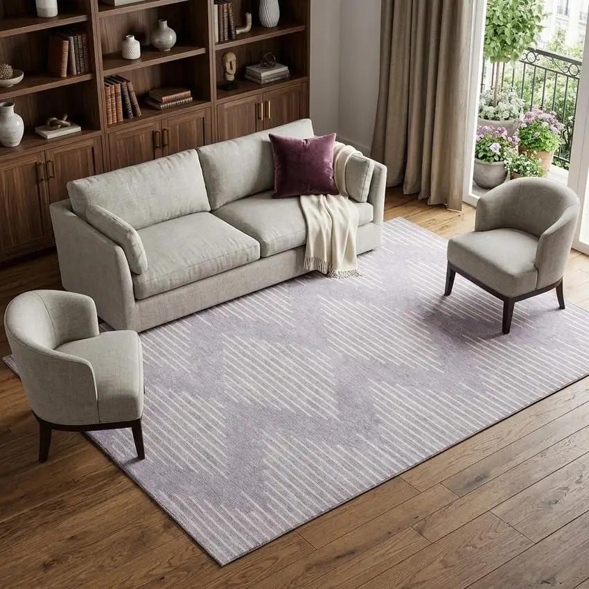 Lavender And Ivory Geometric Washable Area Rug With UV Protection Photo 1