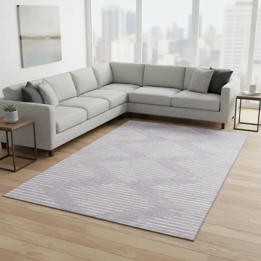 Lavender And Ivory Geometric Washable Area Rug With UV Protection Photo 2