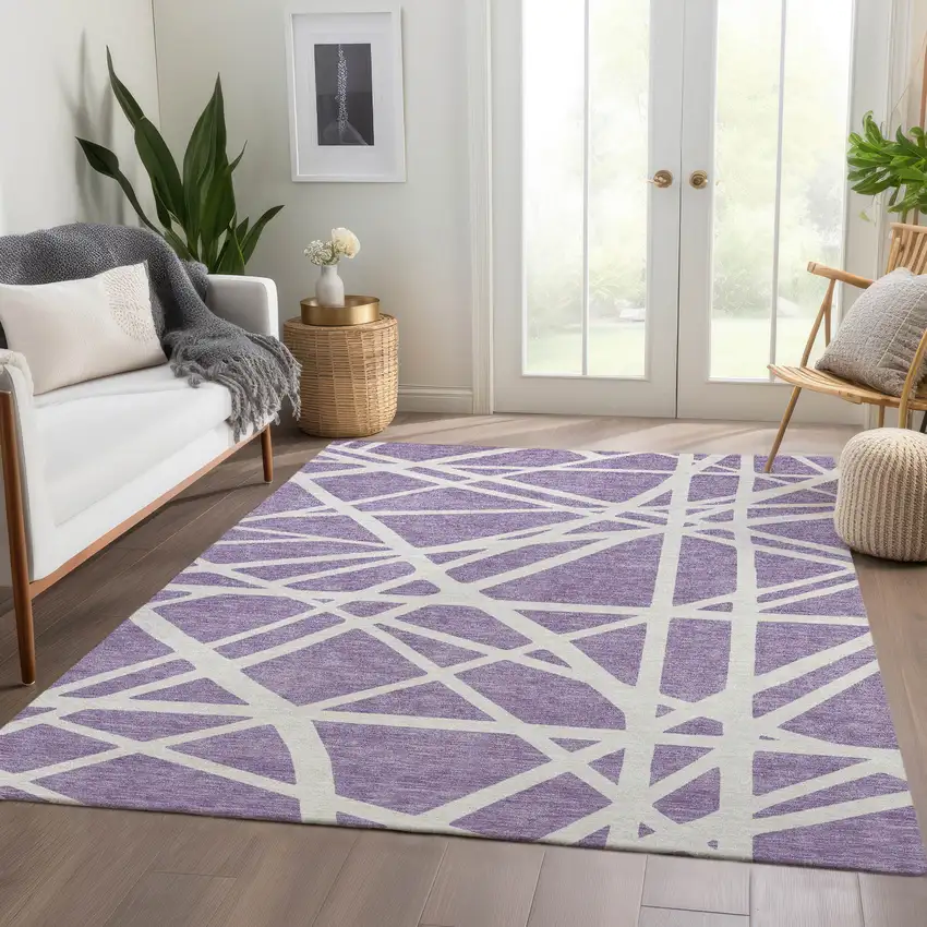 Lavender And Ivory Geometric Washable Area Rug With UV Protection Photo 4