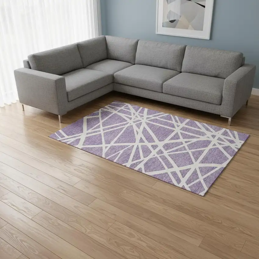 Lavender And Ivory Geometric Washable Area Rug With UV Protection Photo 1