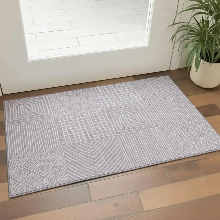 Lavender And Ivory Geometric Washable Area Rug With UV Protection Photo 2