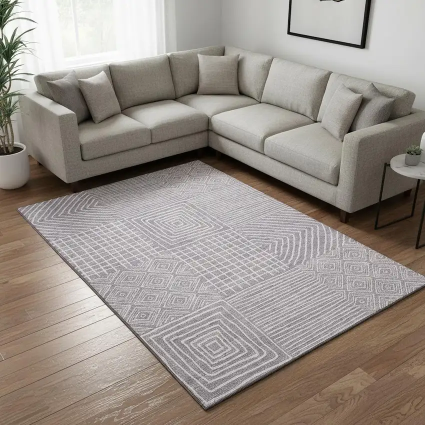 Lavender And Ivory Geometric Washable Area Rug With UV Protection Photo 2