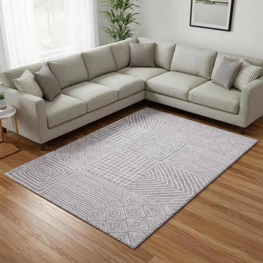 Lavender And Ivory Geometric Washable Area Rug With UV Protection Photo 2