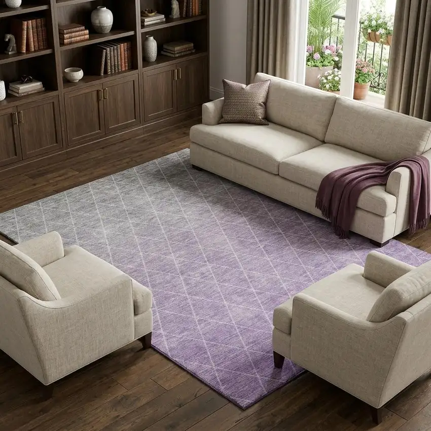 Lavender And Ivory Geometric Washable Area Rug With UV Protection Photo 1