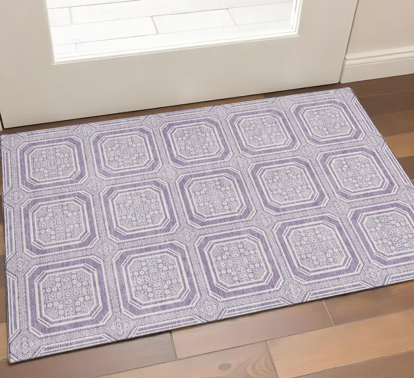 Lavender And Ivory Geometric Washable Area Rug With UV Protection Photo 1
