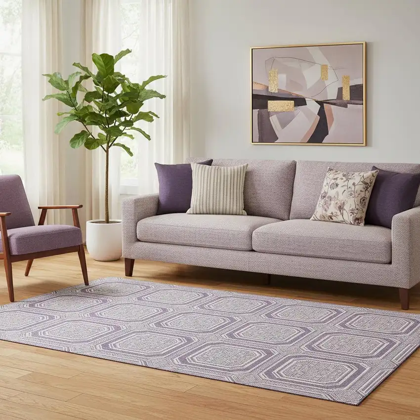 Lavender And Ivory Geometric Washable Area Rug With UV Protection Photo 2
