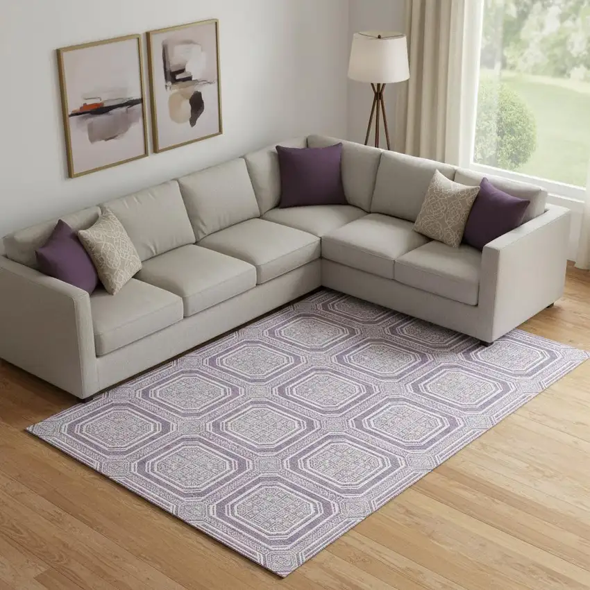 Lavender And Ivory Geometric Washable Area Rug With UV Protection Photo 2