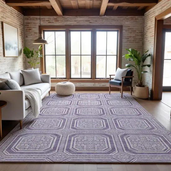 Lavender And Ivory Geometric Washable Area Rug With UV Protection Photo 5
